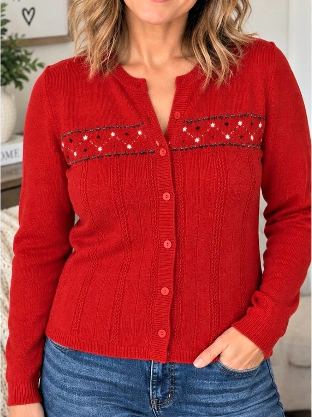 Pendleton Petite M Red 100% Merino Wool Embroidered Cardigan Sweater